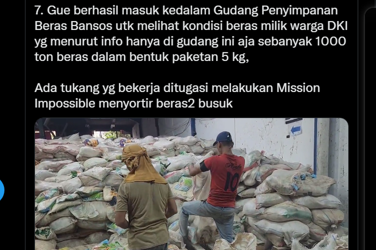 Tangkapan layar twit yang menginformasikan temuan ribuan ton beras rusak diduga korupsi bansos beras saat pandemi Covid-19 tahun 2020 di DKI Jakarta.