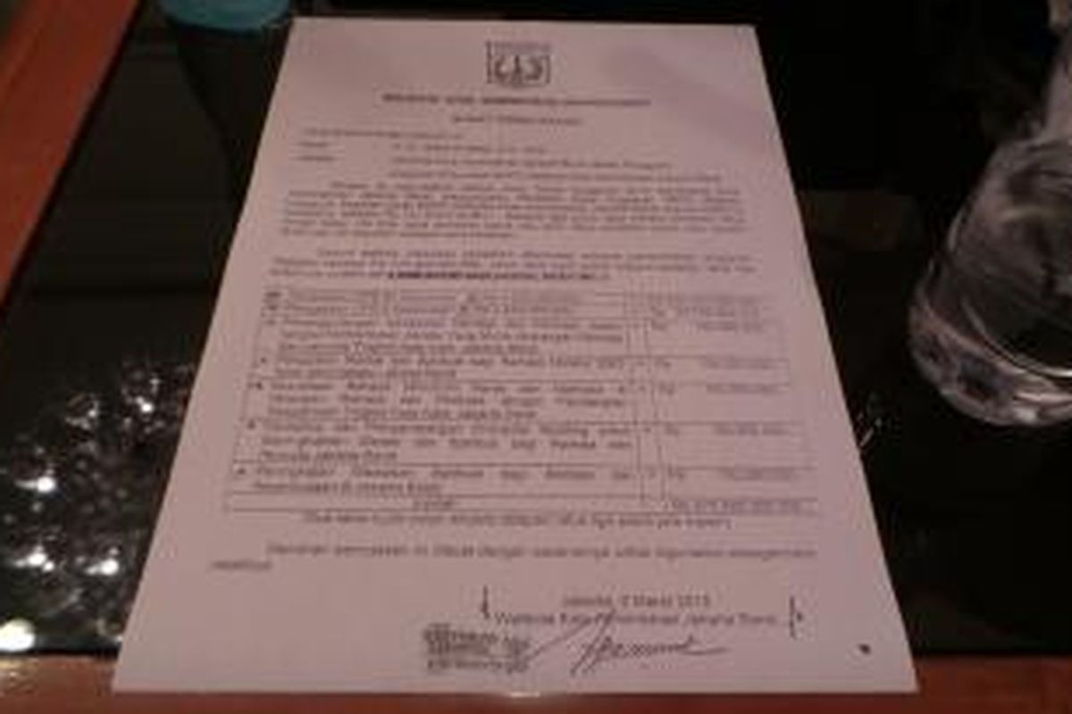 Surat pernyataan Wali Kota Jakarta Barat Anas Effendi soal usulan pengadaan UPS untuk 56 kelurahan dan 8 kecamatan di wilayah yang dipimpinnya. Surat itu ditandatangani pada 2 Maret 2015.
