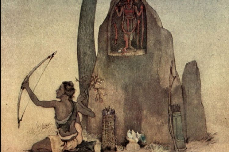 Ilustrasi Ekalaya sedang belajar memanah dengan didampingi oleh patung Drona. Ilustrasi diambil dari buku Myths of the Hindus & Buddhists.