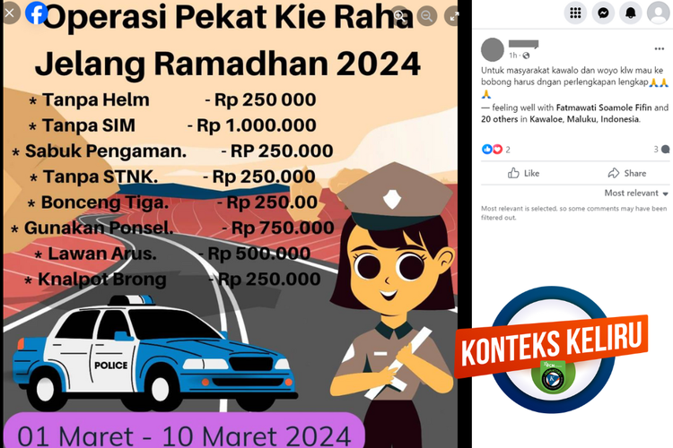 Tangkapan layar konten konteks keliru di sebuah akun Facebook, Sabtu (2/3/2024), soal operasi Pekat Kie Raha jelang Ramadhan 2024.