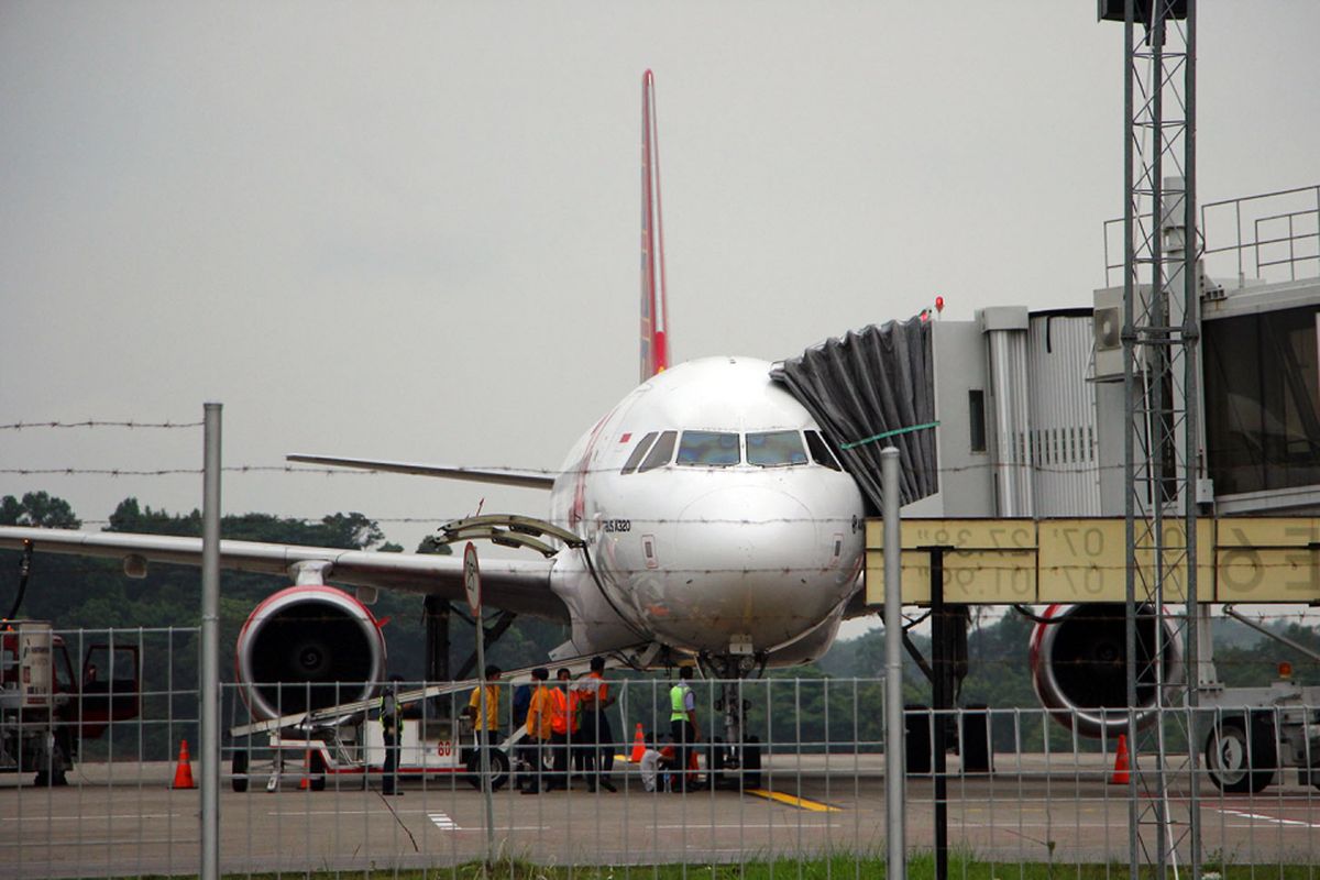 Pesawat Lion Air terlihat terparkir menurunkan penumpang. Saat ini penerbangan dari Batam menuju Bali  begitupun sebaliknya, ditunda akibat erupsinya Gunung Agung.