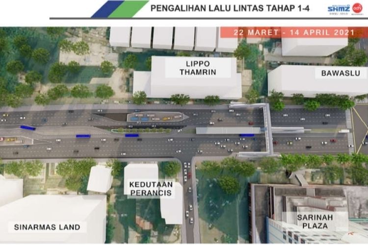 Gambar Ilustrasi 1 Rekayasa Lalu Lintas Pekerjaan Konstruksi Persiapan Terowongan Sisi Utara Stasiun Bundaran HI
MRT Jakarta, Tahap 1-4, Periode 22 Maret ? 14 April 2021