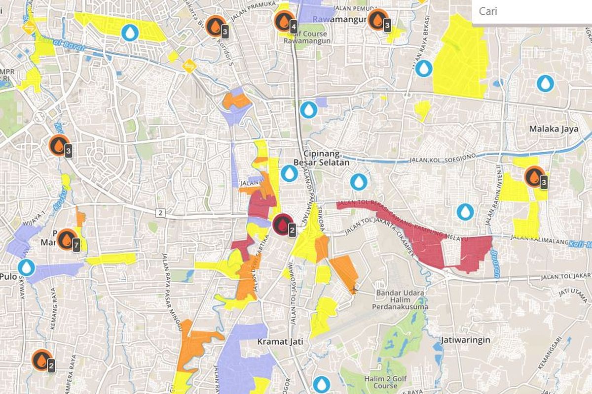 Persebaran banjri yang dilaporkan warga dalam petabencana.id di seputar Jakarta pada Selasa (25/2/2020).