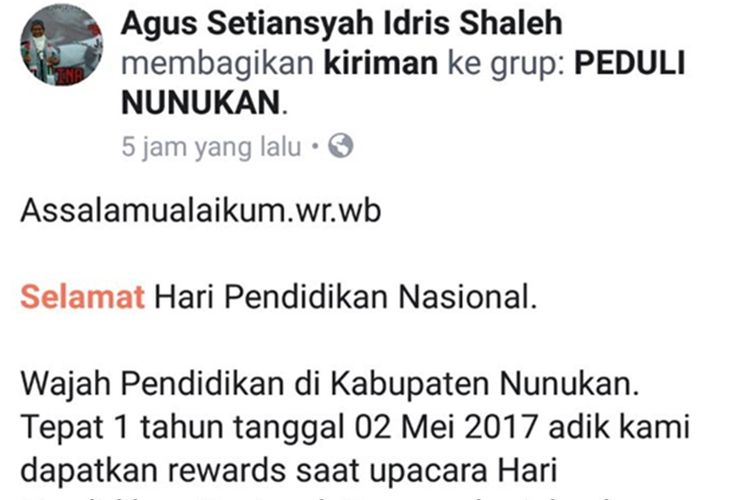 Postingan amplop kosong di Hari Pendidikan Nasional yang dilakukan Agus Setiansyah.  Warga Nunukan ini mengaku adiknya menerima amplop kosong sebagai apresiasi juara 1 Olimpiade Sains tingkat Kabupaten Nunukan. Amplop itu langsung diserahkan bupati Nunukan tahun lalu.