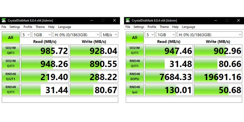 Hasil benchmark CrystalDiskMark untuk SSD eksternal Kingston XS1000 2 TB, profil Default (kiri) dan Real World Performance