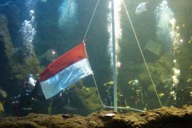 Chua 'Kotak' dan enam penyelam profesional mengibarkan bendera merah putih di dalam akuarium besar SeaWorld, Ancol, Jakarta Utara, Senin (17/8/2015). 