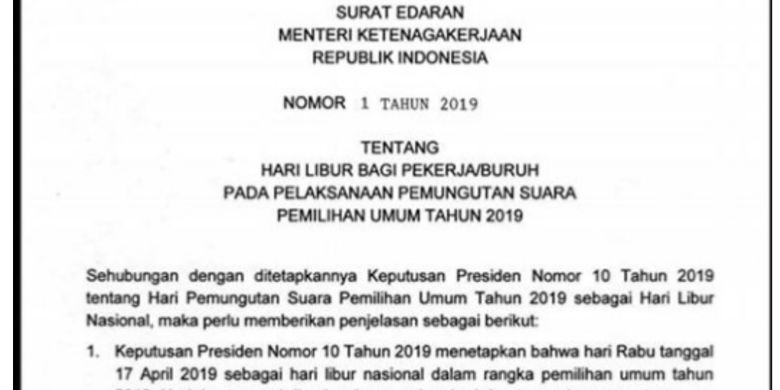 Resmi Menaker Terbitkan Surat Edaran Hari Libur Pemilu 2019