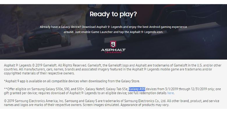 Tangkapan layar di laman promosi game Asphalt 9 di situs Samsung yang memperlihatkan nama Galaxy A90. 