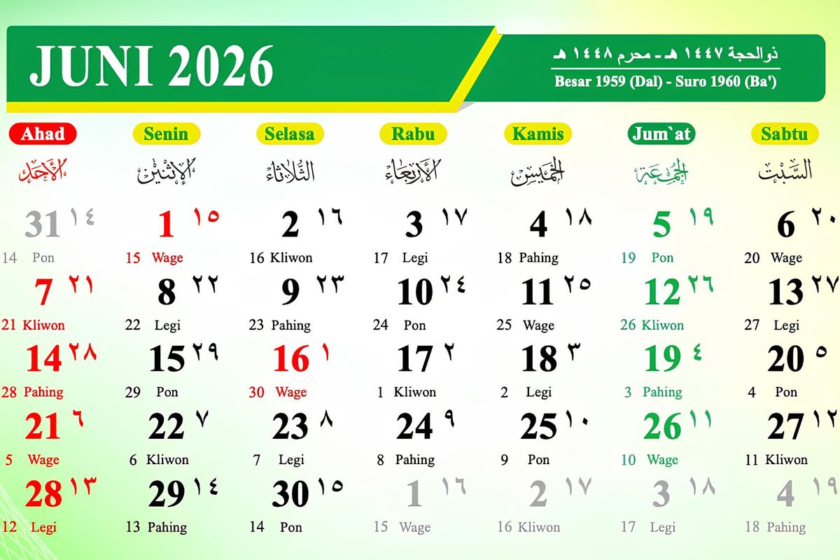Kalender Juni 2026: Dua Tanggal Merah Tanpa Cuti Bersama