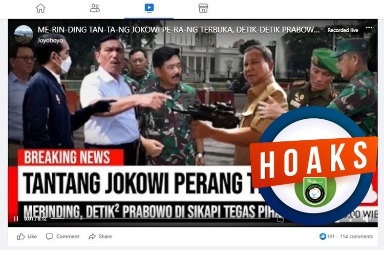 Tangkapan layar Facebook narasi yang menyebut Prabowo menantang perangan Jokowi secara terbuka