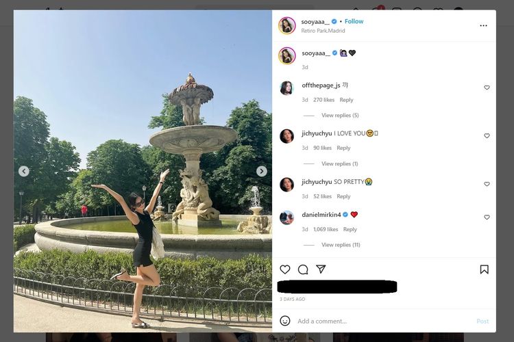 Tangkapan layar Instagram Jisoo BLACKPINK di Retiro Park di Kota Madrid, Spanyol.