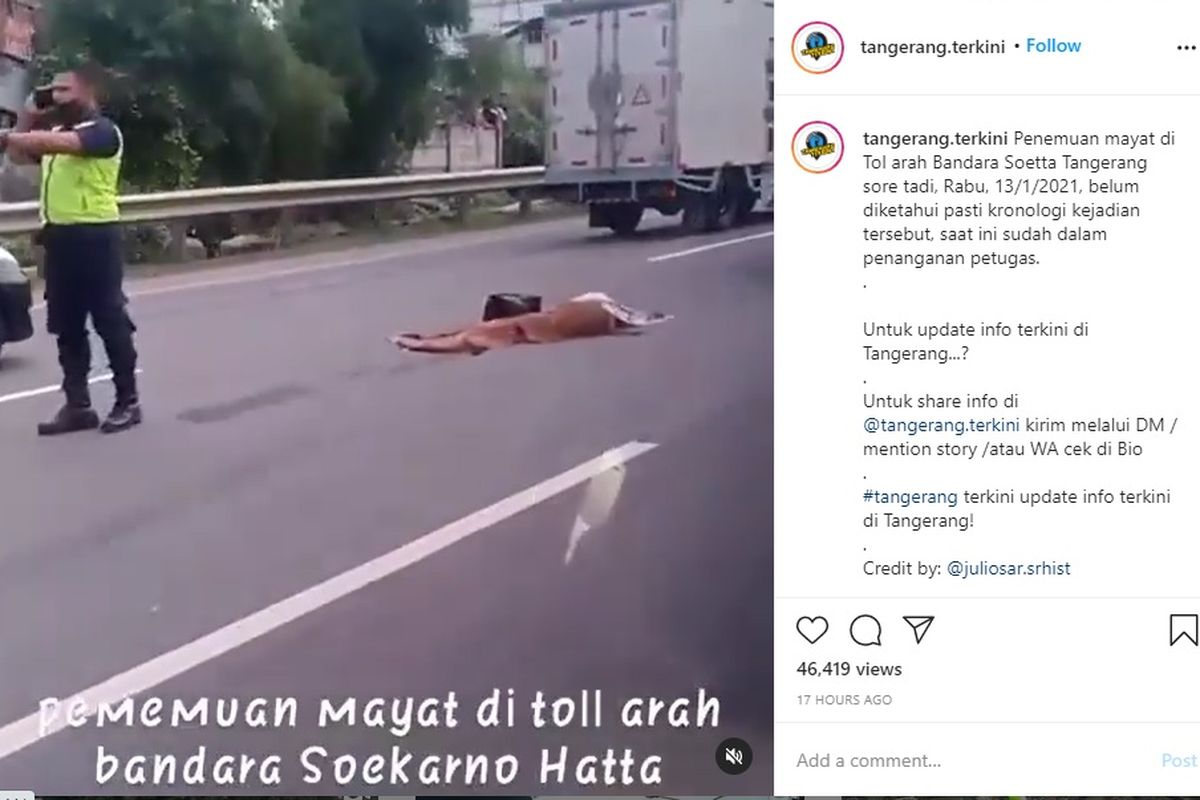 Penemuan mayat di tol arah Bandara Soekarno-Hatta, Tangerang, Rabu (14/1/2021).