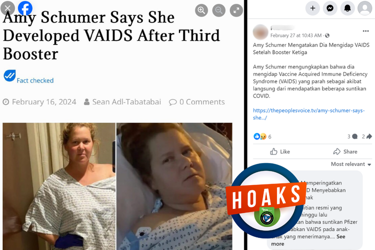 Tangkapan layar konten hoaks di sebuah akun Facebook, 27 Februari 2024, soal Amy Schumer mengidap VAIDS.
