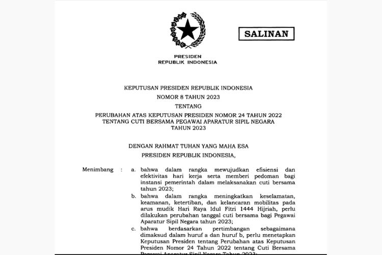 Keputusan Presiden (KEPPRES) Nomor 8 Tahun 2023 tentang Perubahan atas Keputusan Presiden Nomor 24 Tahun 2022 tentang Cuti Bersama Pegawai Aparatur Sipil Negara Tahun 2023