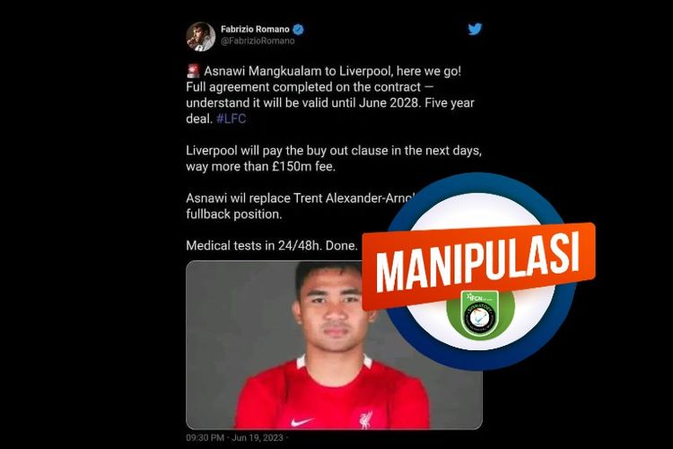 Tangkapan layar Facebook narasi yang menyebut Asnawi direkrut oleh Liverpool