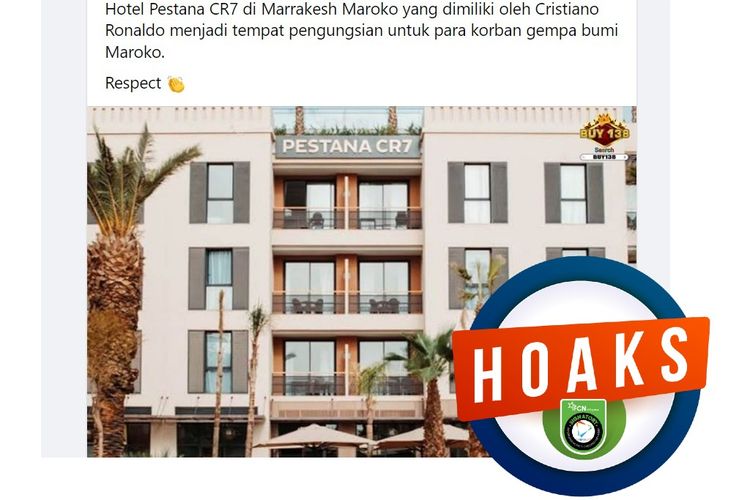 hoaks, Ronaldo menyediakan hotelnya sebagai tempat pengungsian korban gempa Maroko