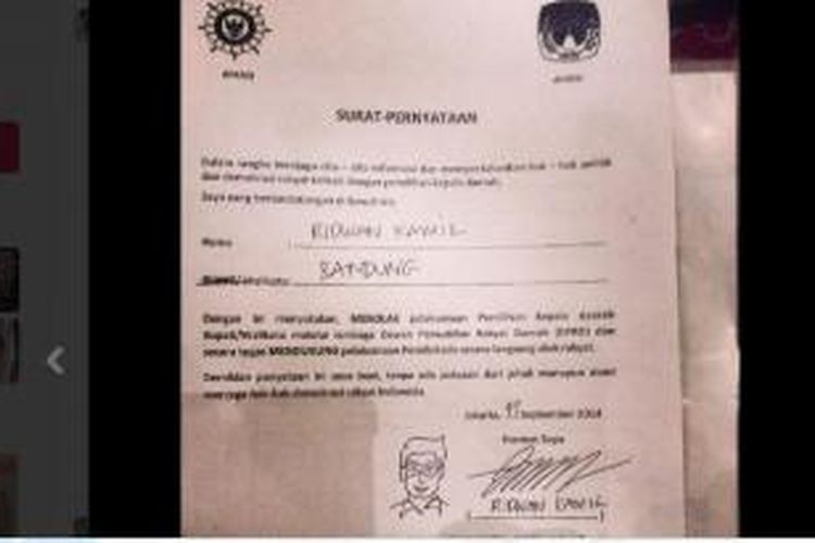 Surat Pernyataan Penolakan Pilkada oleh DPRD yang dibuat oleh Walikota Bandung Ridwan Kamil