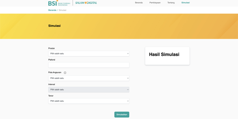 Tangkapan layar laman resmi KUR BSI 2026 untuk melihat simulasi cicilan per bulan. KUR BSI 2026. Tabel KUR BSI 2026.