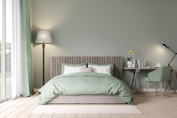 Ilustrasi kamar tidur modern chic, ilustrasi kamar tidur dengan warna hijau pastel. 