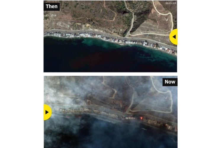 Citra satelit menunjukkan Pacific Coast Highway di sepanjang garis pantai Malibu, California pada tanggal 20 Oktober dan 8 Januari setelah kebakaran hutan yang dahsyat.