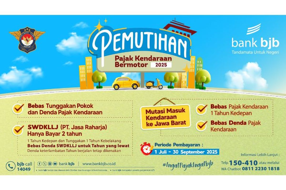 Pemerintah Provinsi (Pemprov) Jawa Barat kembali menggelar program pemutihan Pajak Kendaraan Bermotor (PKB) yang berlangsung mulai Selasa (1/7/2025) hingga Selasa (30/9/2025). 