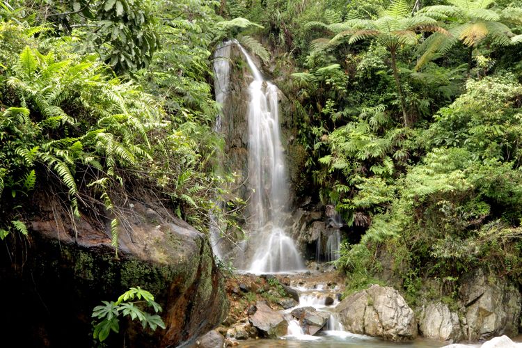 Pengunjung menikmati suasana di Curug Ciburial di Kampung Cibereum, Desa Cibadak, Kecamatan Sukamakmur, Kabupaten Bogor, Jawa Barat, Selasa (27/10/2020). Di kawasan ini pengunjung bisa menikmati wisata curug dan trekking menuju 3 destinasi curug yaitu curug ciburial, curug kembar dan curug hordeng.