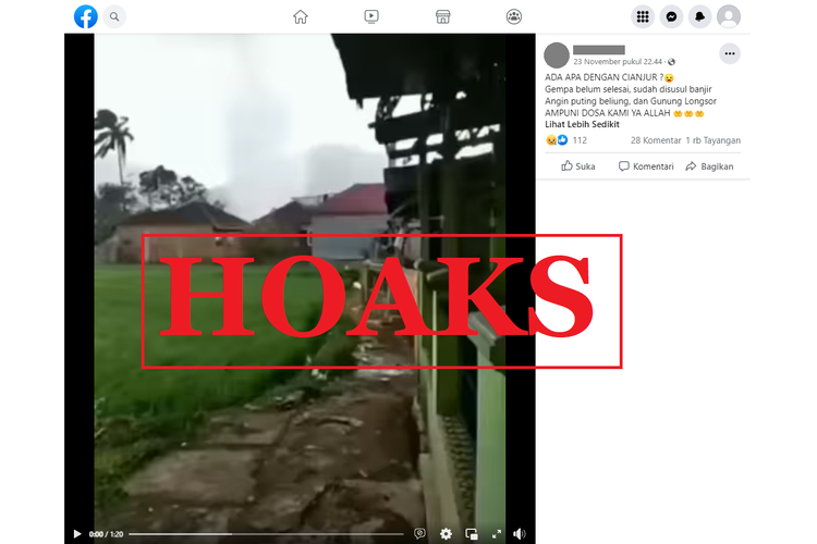 Tangkapan layar unggahan dengan narasi hoaks di sebuah akun Facebook, Kamis (24/11/2022), soal video angin puting beliung pascagempa Cianjur. Faktanya, itu adalah video dari kejadian angin puting beliung pada September 2022, di Sukabumi, Jawa Barat.
