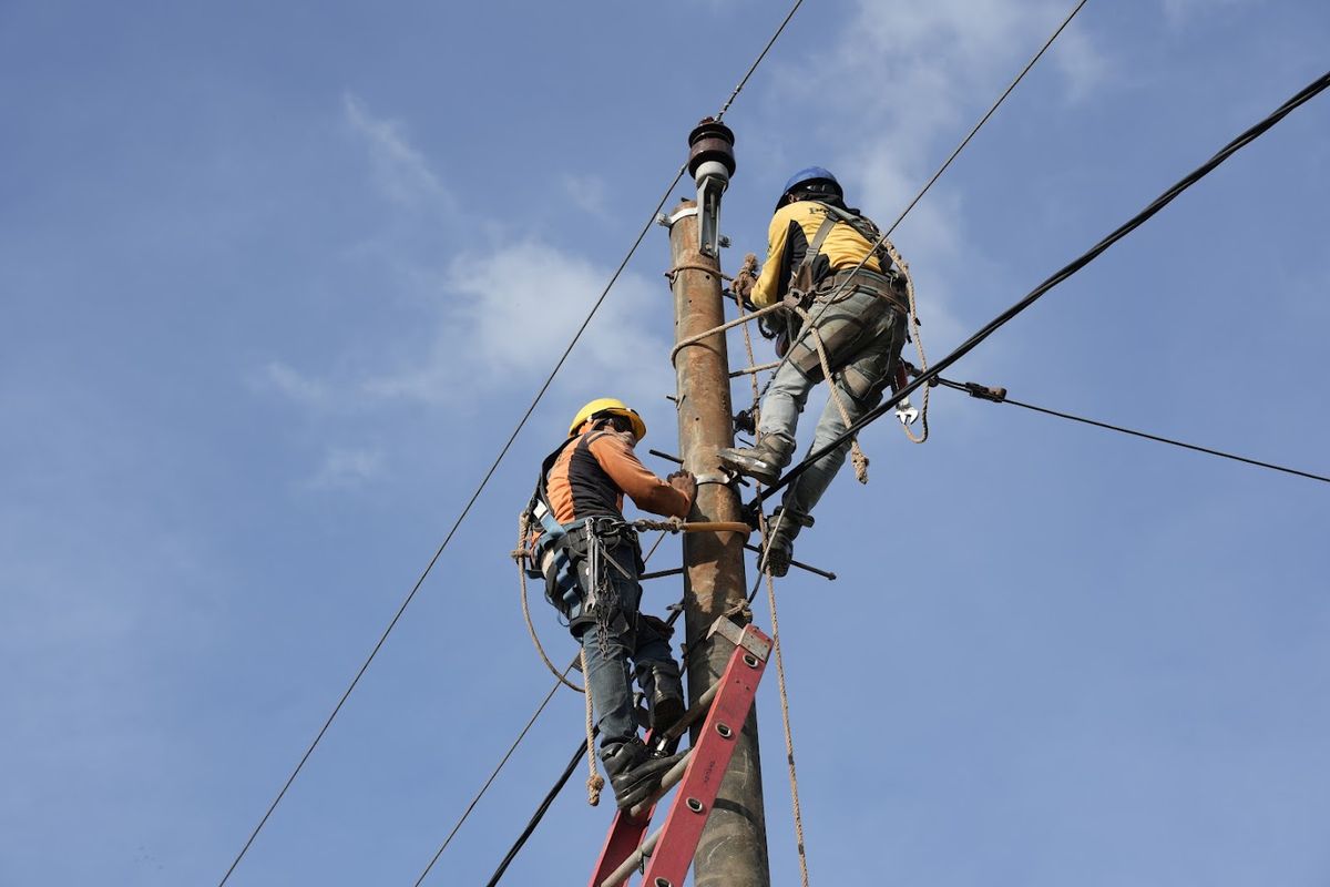 Petugas PLN membenahi jaringan di tiang listrik