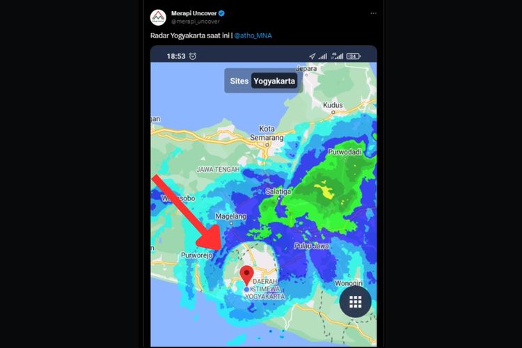 Tangkapan layar langit Yogyakarta yang tampak bolong pada radar.