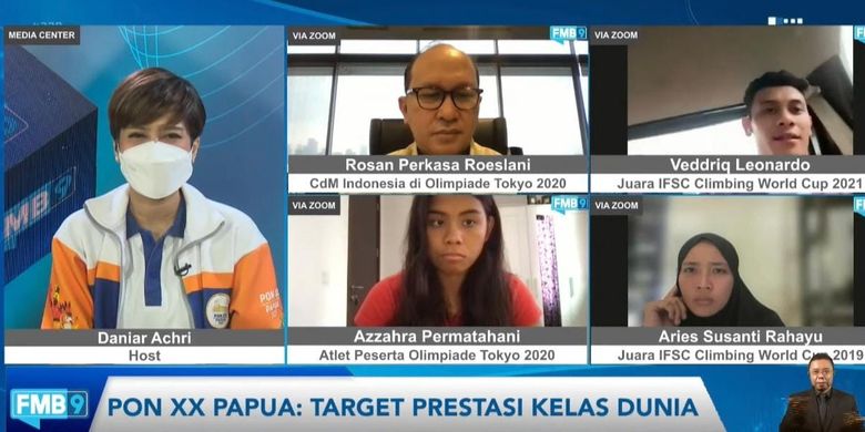 Tangkapan layar diskusi FMB9 secara daring pada Senin (23/8/2021) bertajuk PON XX Papua: Target Prestasi Kelas Dunia.
