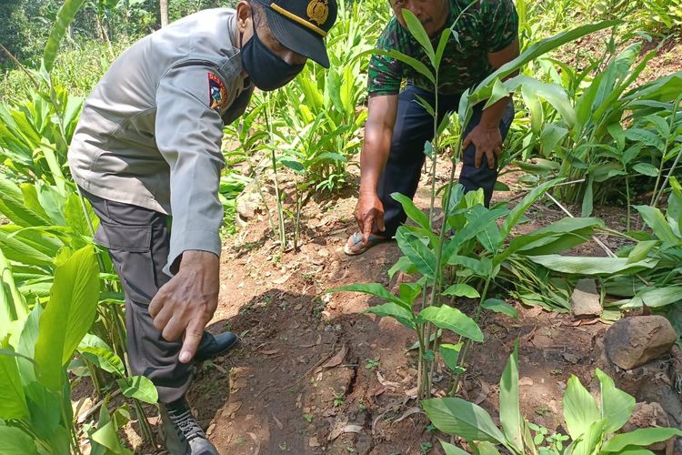 Aparat dan warga menunjukkan tanah retak di Dusun Petungulung, Desa Margopatut, Kecamatan Sawahan, Nganjuk. Foto: Polsek Sawahan