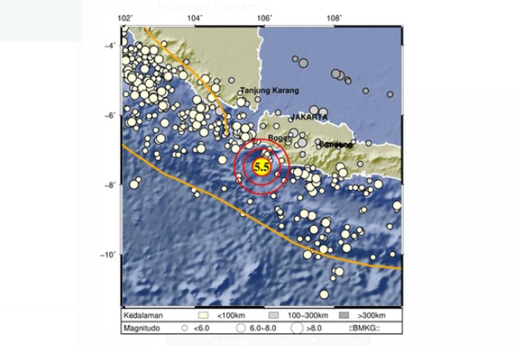 Gempa bumi berkekuatan magnitudo 5,5 mengguncang Kabupaten Bayah, Banten dan sekitarnya pada Jumat (4/2/2022) pukul 17.10.45 WIB.