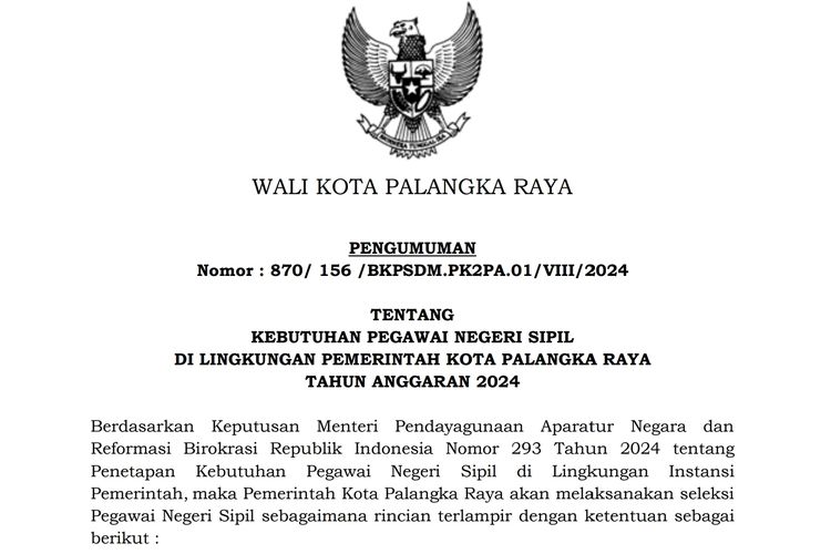 Pengumuman seleksi dan formasi CPNS 2024 di lingkungan Pemerintah Kota Palangkara.