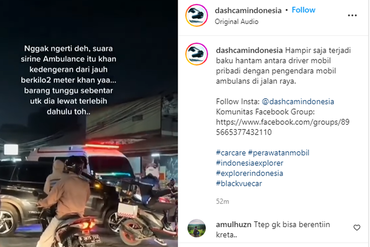 Tangkapan layar rekaman pengemudi ambulans cekcok dengan pengemudi mobil