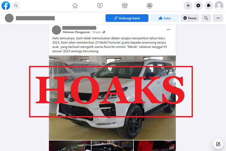 Tangkapan layar Halaman Facebook mengatasnamakan Toyota yang menawarkan hadiah mobil dalam rangka Tahun Baru 2023, Kamis (29/12/2022).