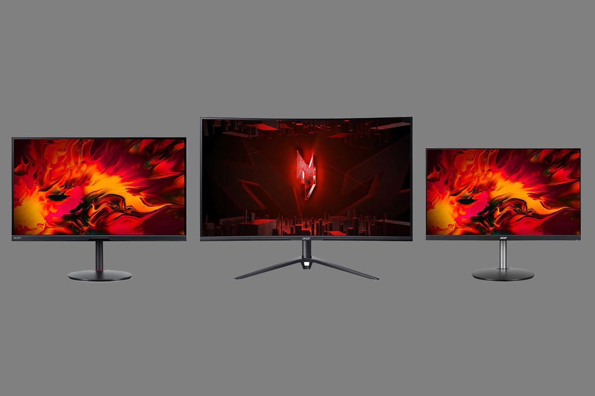 Trio monitor gaming Acer Nitro XF253Q Z (kanan), Acer Nitro XV282K V3 (kiri), dan Acer Nitro XZ320QK P3 