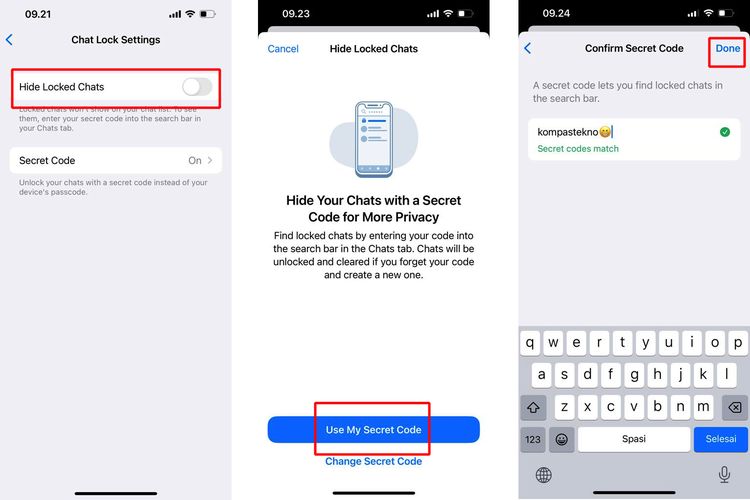 Ilustrasi cara menyembunyikan chat WA yang dikunci dengan kode rahasia.