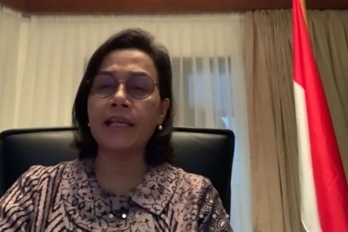 Menteri Keuangan Sri Mulyani Indrawati ketika memberikan keterangan kepada media melalui video conference di Jakarta, Selasa (24/3/2020).