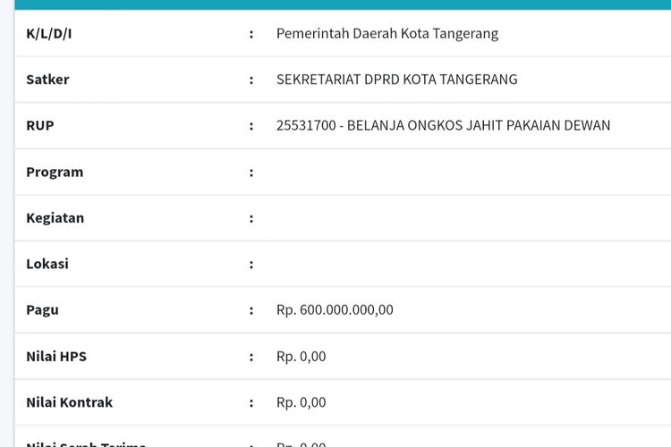 Dilansir dari situs LPSE Kota Tangerang, tertera bahwa anggaran menjahit bahan pakaian DPRD Kota Tangerang mencapai Rp 600 juta.