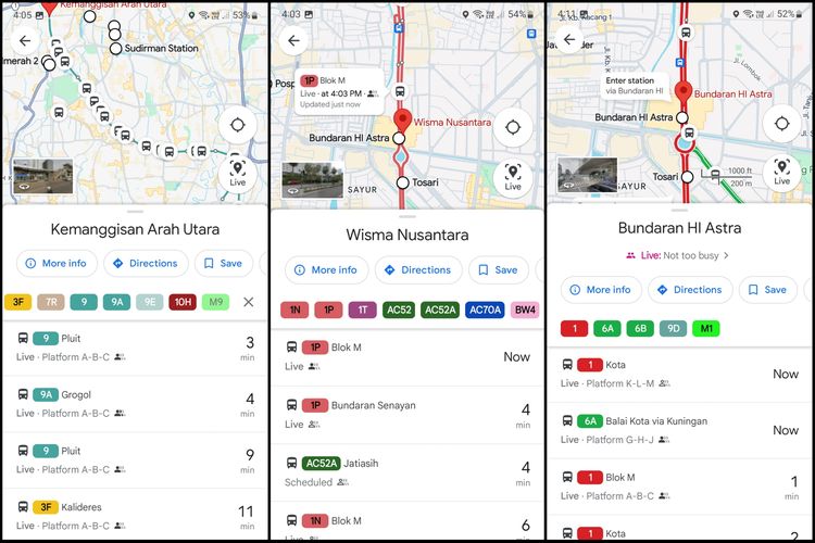 Google Maps menampilkan seluruh rute TJ yang singgah di masing-masing halte. Pengguna bisa memilih rute bus dan melihat estimasi waktu kedatangan dan posisi bus terkini.