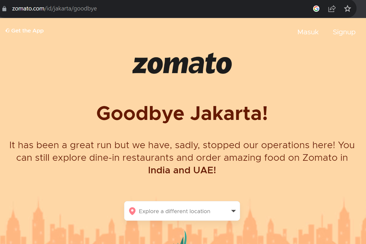 Banner pengumuman penutupan operasional Zomato di Indonesia di situs web Zomato.com.