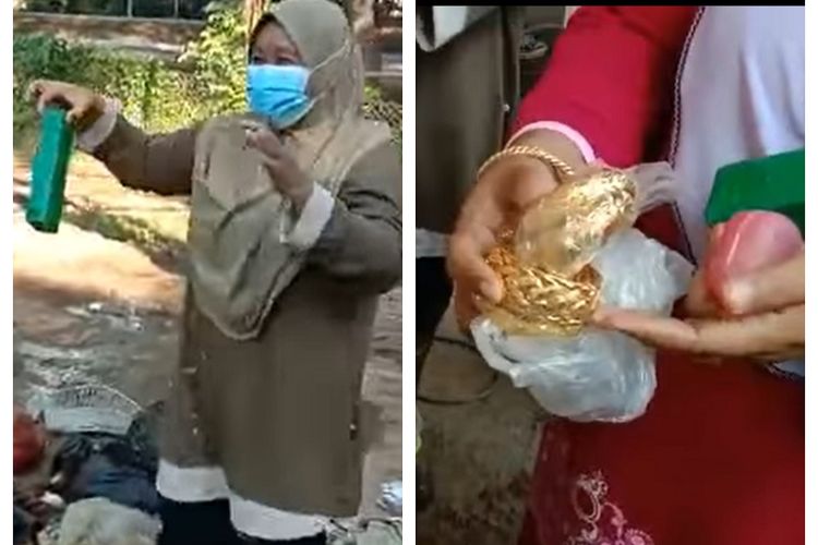 Tangkapan layar dari sebuah video yang menunjukkan wanita di Malaysia menemukan kembali perhiasan senilai 70.000 ringgit Malaysia (Rp 240 juta) setelah mengobrak-abrik tumpukan sampah dari pengelola sampah.