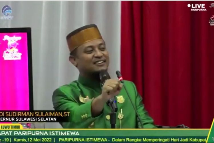 Pidato Gubernur Sulawesi Selatan Andi Sudirman Sulaiman pada rapat paripurna istimewa Hari Jadi ke-19 Kabupaten Luwu Timur, Kamis (12/5/2022)