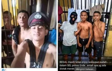 Tangkapan layar unggahan berisi foto yang memperlihatkan sejumlah pria disebut sebagai para pelaku begal yang ditahan di Polres Ende selfie sambil merokok dan memakai topi polisi.