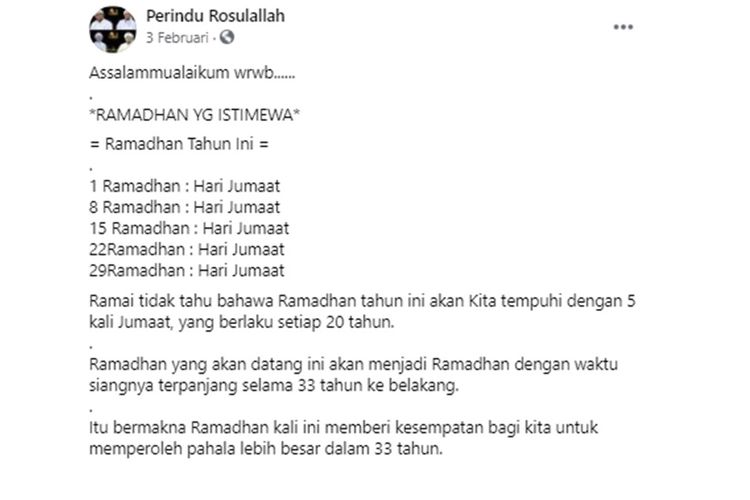 Tangkapan layar unggahan diklaim juga Ramadhan kali ini merupakan bulan puasa dengan waktu siang terpanjang dalam kurun 33 terakhir.