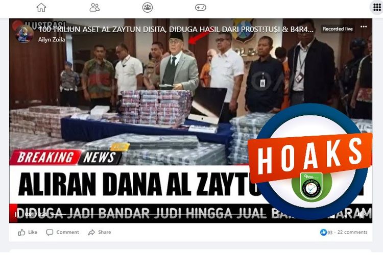 Tangkapan layar Facebook narasi yang menyebut aset Ponpes Al Zaytun senilai Rp 100 triliun disita