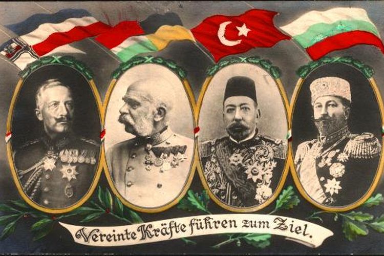 Para pemimpin Blok Sentral semasa Perang Dunia I, Wilhelm II dari Kekaisaran Jerman, Franz Joseph dari Austria-Hongaria, Mehmed V dari Kesultanan Utsmaniyah dan Ferdinand I dari Bulgaria.
