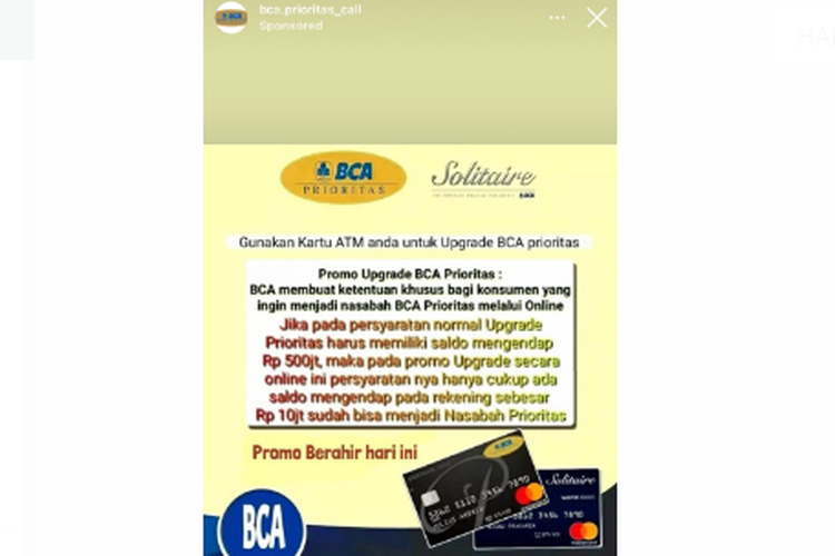 Tangkapan layar iklan BCA Prioritas dengan syarat saldo mengendap minimal Rp 10 juta.