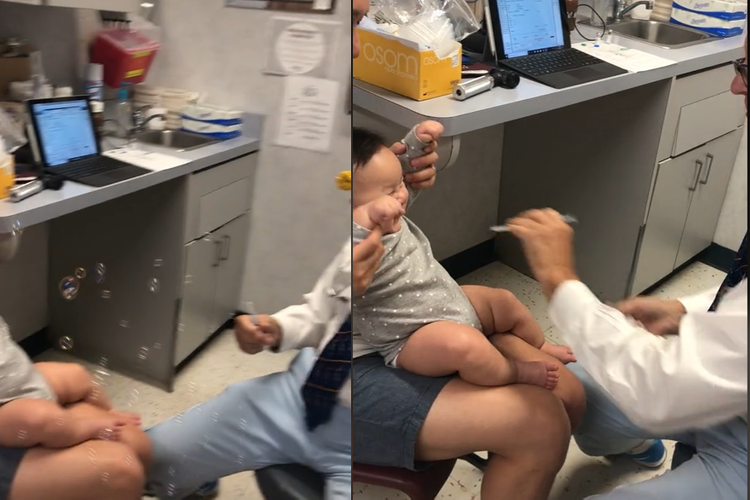 Dalam video TikTok dokter anak di Long Island itu  terlihat menyentil dan menggelitik bayi di seluruh lengan, kaki, dada, dan perutnya, dan meniup balon hingga membuat bayi tertawa.
