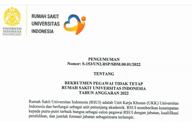 Tangkapan layar surat pengumuman tentang rekrutmen pegawai tidak tetap di Rumah Sakit Universitas Indonesia (RSUI).